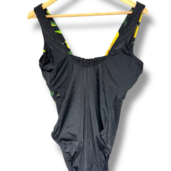 Vtg 90s Yellow/Black Floral V-Neck High Leg One Piece Swimsuit Large 12 - Picture 2 of 7